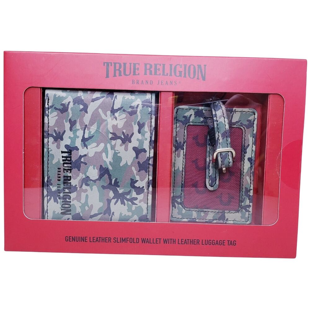 NIB True Religion 2pc. Genuine Leather Slimfold Wallet & Luggage Tag Gift Set